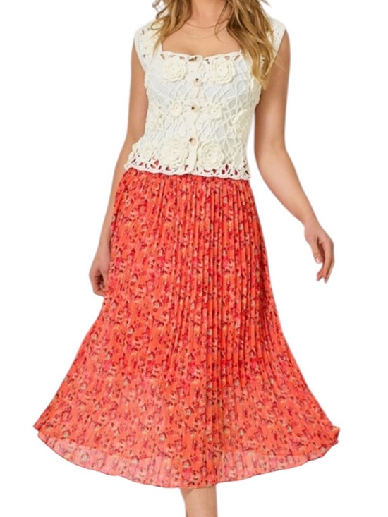 Dresses & Skirts - 328. Orange Crochet Top with Coral Floral Pleated Skirt